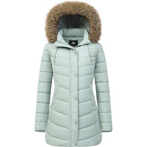 Women's Long Winter Green Puffer Coat Warm Jacket Waterproof Hooded Parka